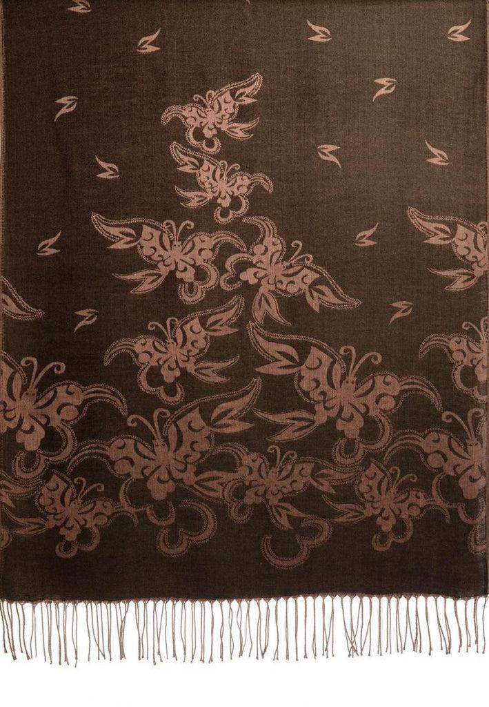 Liss Kiss Butterflies On Black Pashmina Feel With Tassels - Scarf