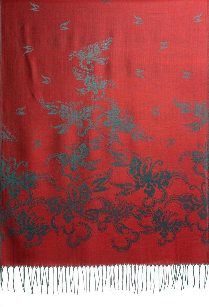 Liss Kiss Butterflies On Burgundy Red Pashmina Feel With Tassels - Scarf