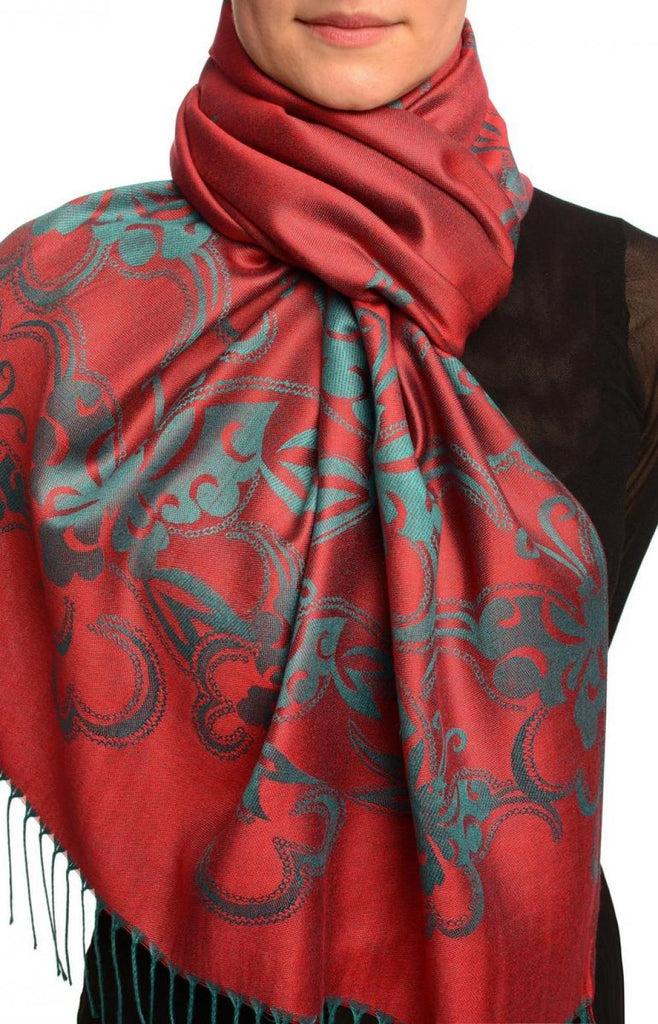 liss kiss Butterflies On Burgundy Red Pashmina Feel With Tassels - Scarf