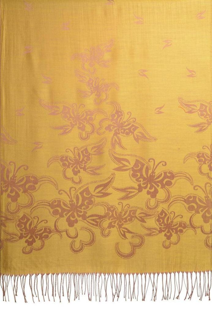 Liss Kiss Butterflies On Pear Green Pashmina Feel With Tassels - Scarf