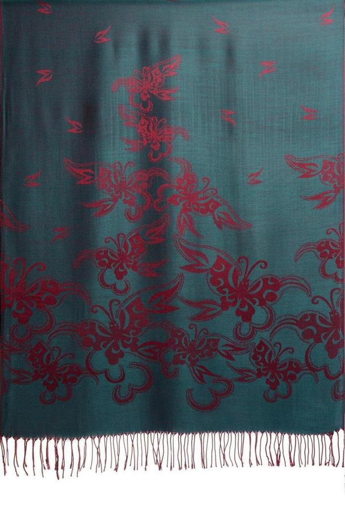 Liss Kiss Butterflies On Prussian Blue Pashmina Feel With Tassels - Scarf