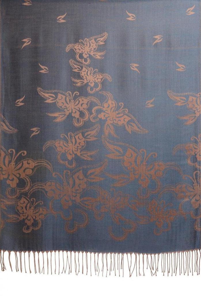 Liss Kiss Butterflies On Ucla Blue Pashmina Feel With Tassels - Scarf
