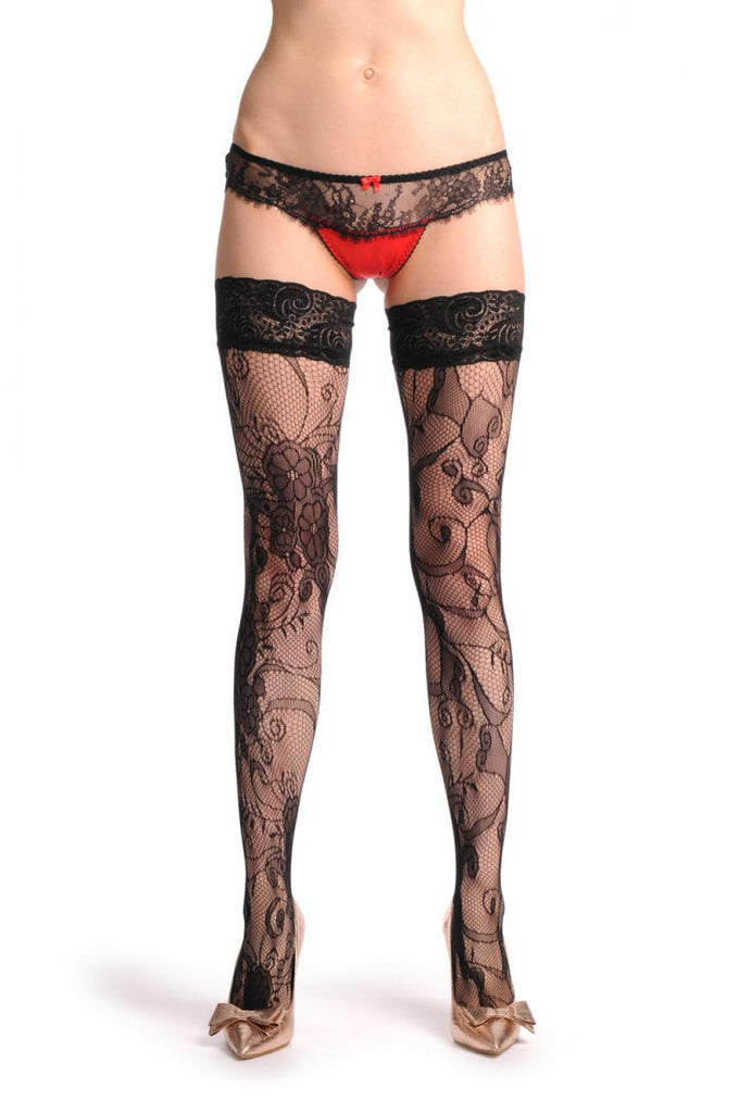 Liss Kiss Camomile Flowers Fishnet With Lace Silicon Garter - Hold Ups