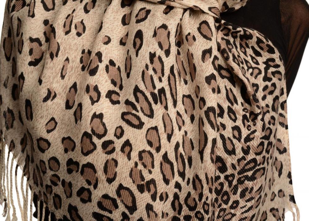 Liss Kiss Cappuccino Diagonal Leopard On White Pashmina Feel With Tassels - Scarf