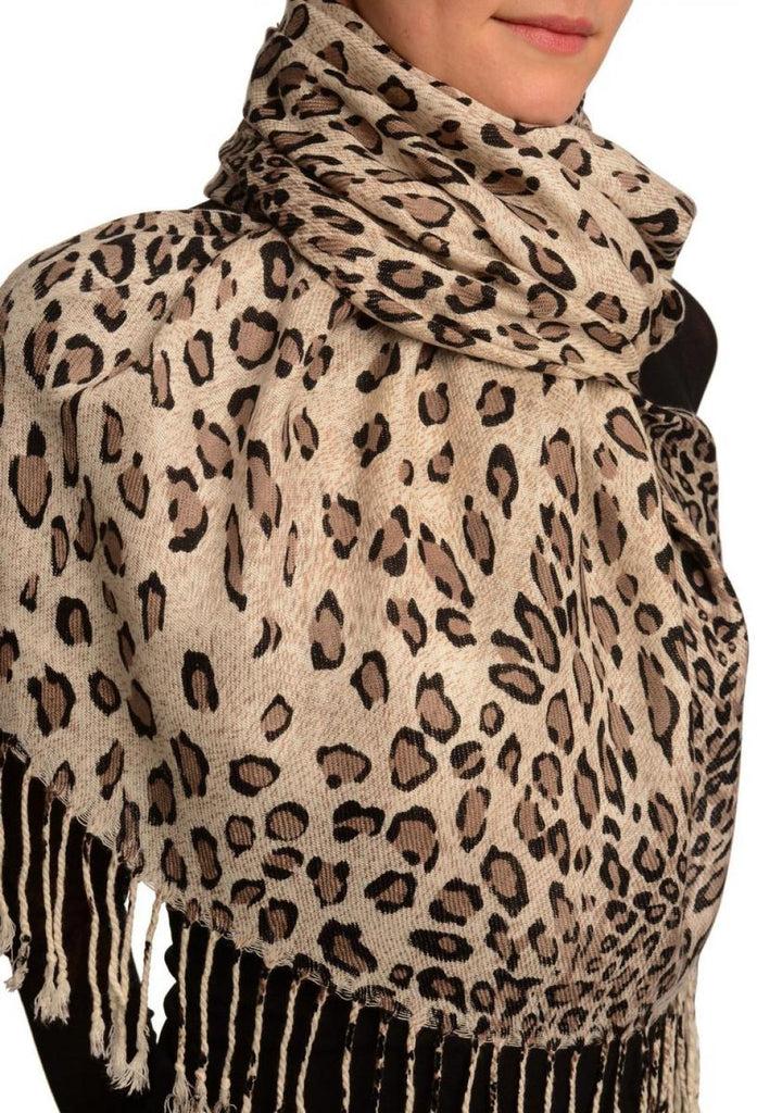 Liss Kiss Cappuccino Diagonal Leopard On White Pashmina Feel With Tassels - Scarf