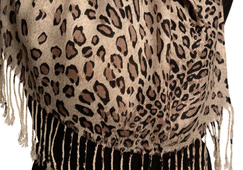 Liss Kiss Cappuccino Diagonal Leopard On White Pashmina Feel With Tassels - Scarf