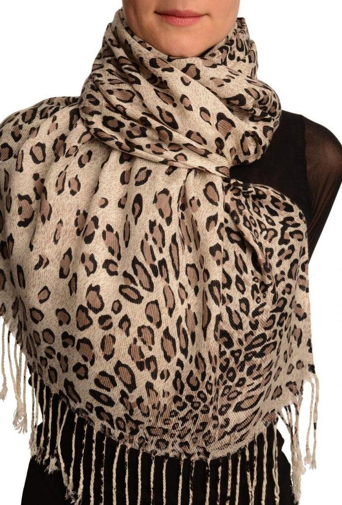 Liss Kiss Cappuccino Diagonal Leopard On White Pashmina Feel With Tassels - Scarf