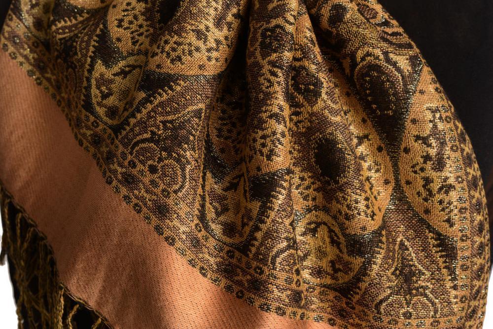 Liss Kiss Caramel Beige With Lurex Ornaments Pashmina With Tassels - Scarf