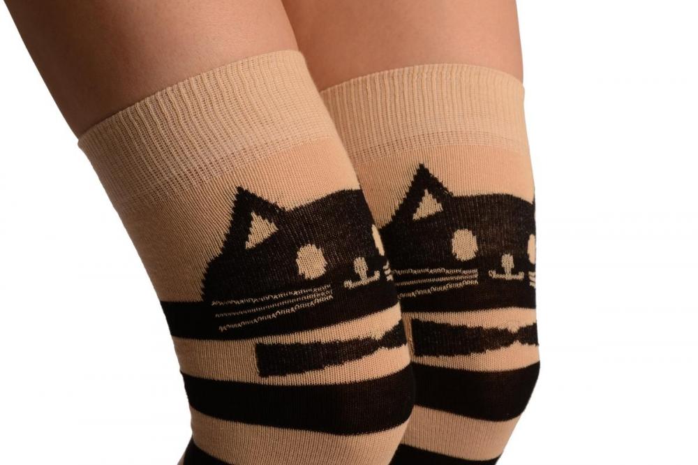 Liss Kiss Cat On Beige With Beige & Black Stripes - Over The Knee Socks
