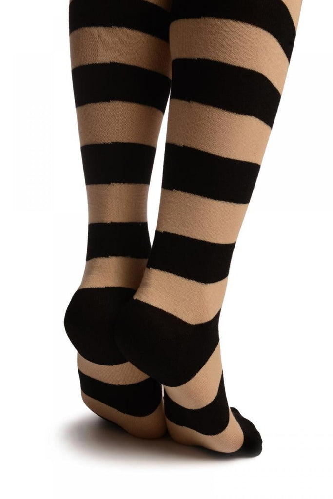 Liss Kiss Cat On Beige With Beige & Black Stripes - Over The Knee Socks