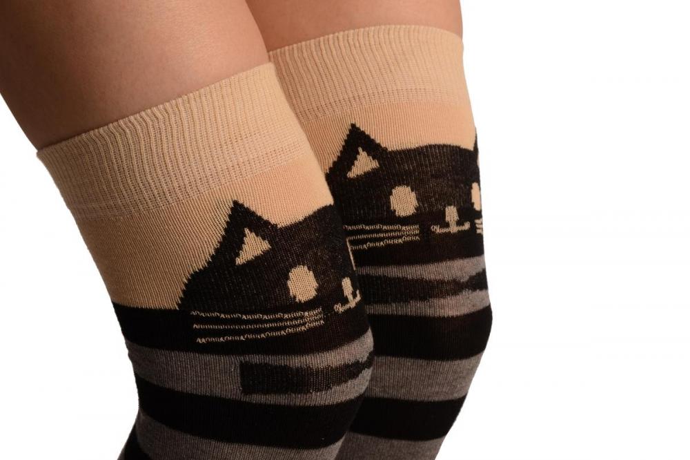 Liss Kiss Cat On Beige With Grey & Black Stripes - Over The Knee Socks