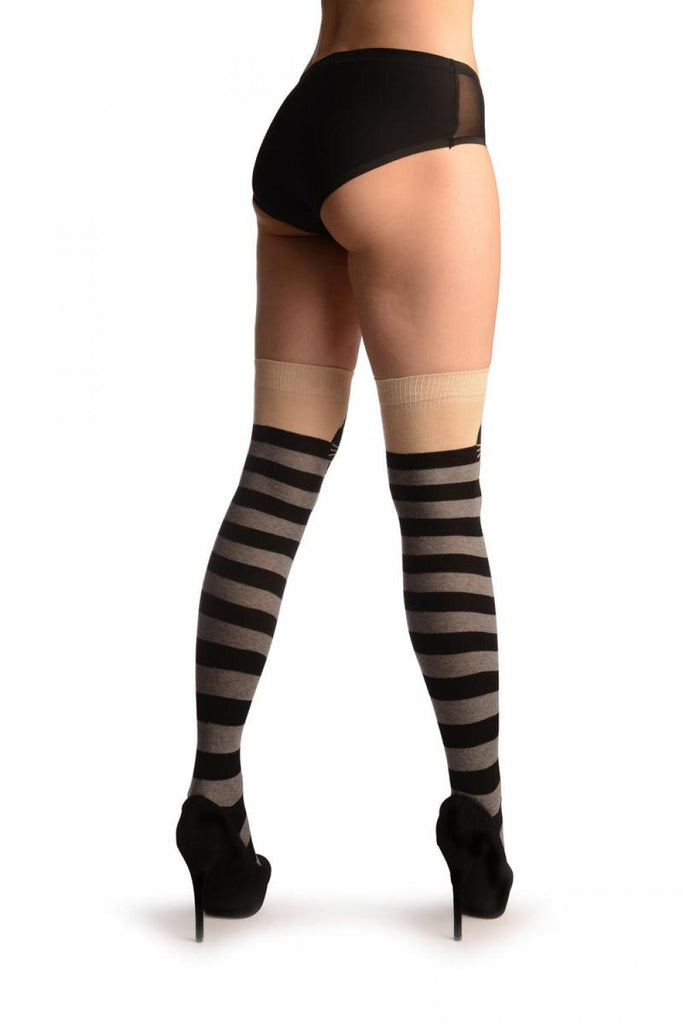 Liss Kiss Cat On Beige With Grey & Black Stripes - Over The Knee Socks
