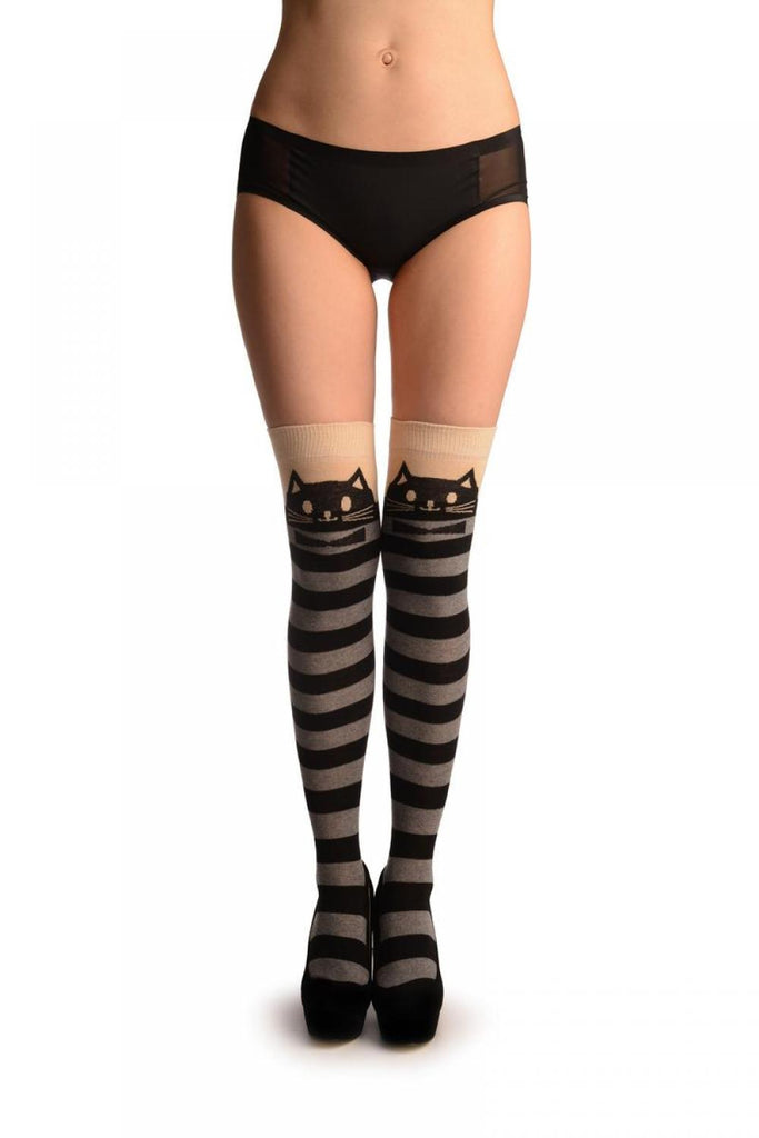 liss kiss Cat On Beige With Grey & Black Stripes - Over The Knee Socks