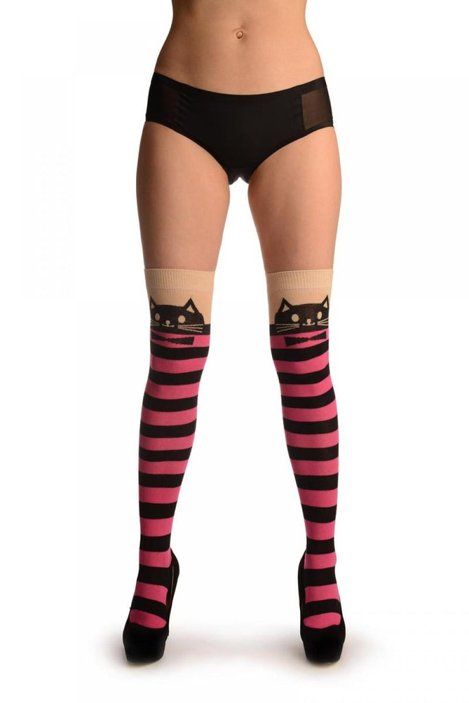 Liss Kiss Cat On Beige With Pink & Black Stripes - Over The Knee Socks