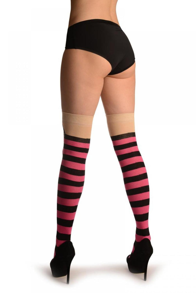 Liss Kiss Cat On Beige With Pink & Black Stripes - Over The Knee Socks