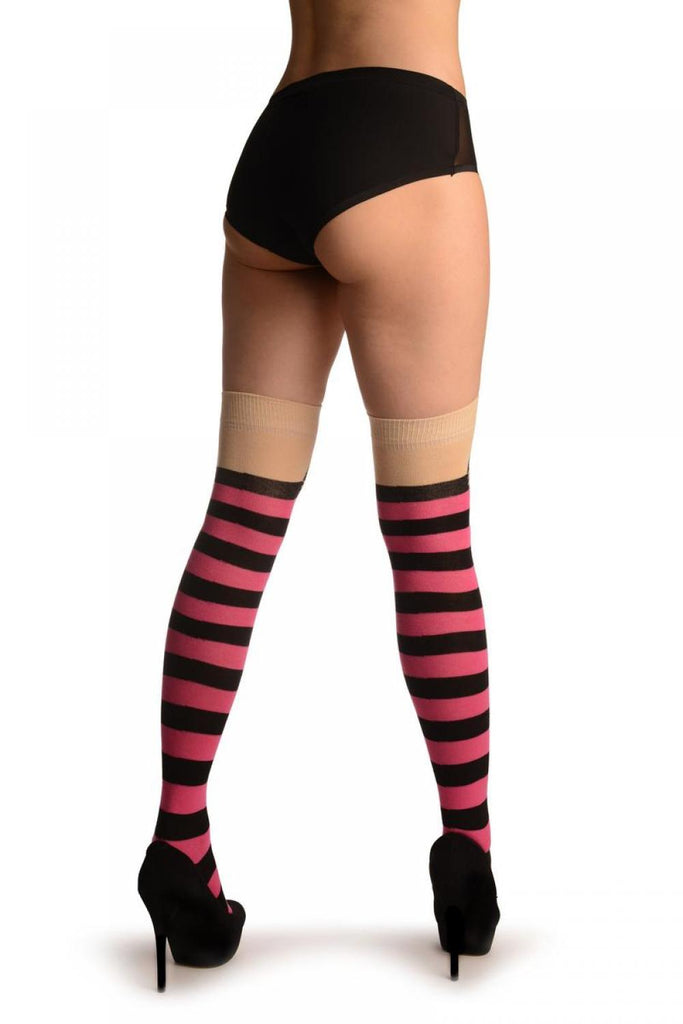 Liss Kiss Cat On Beige With Pink & Black Stripes - Over The Knee Socks