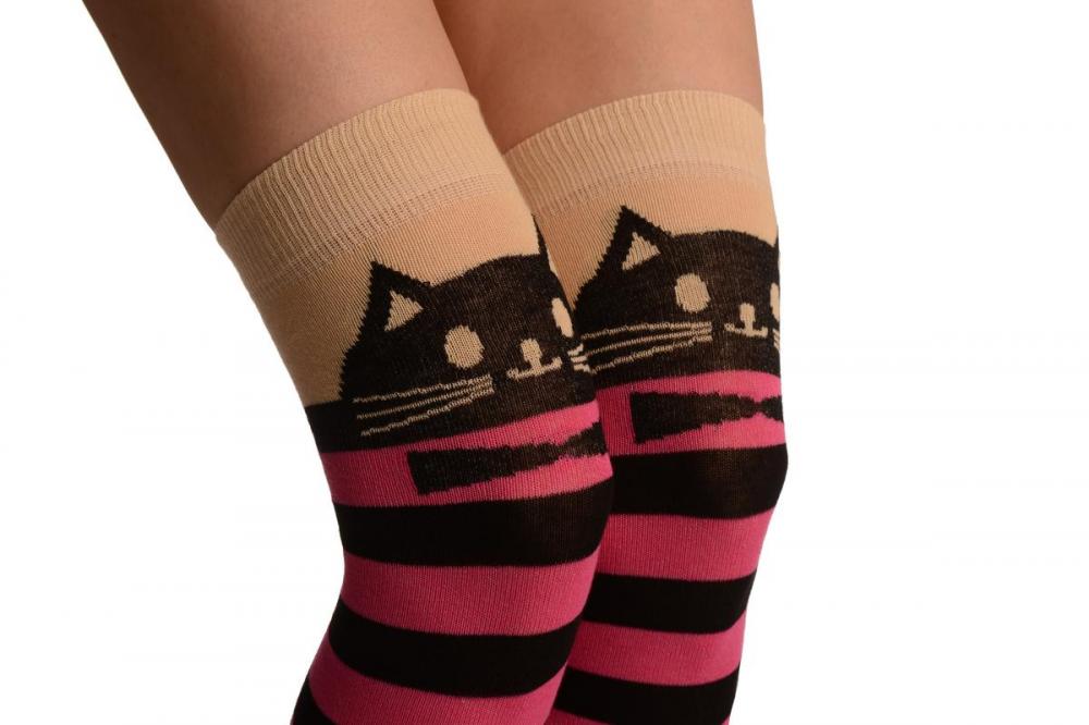 Liss Kiss Cat On Beige With Pink & Black Stripes - Over The Knee Socks