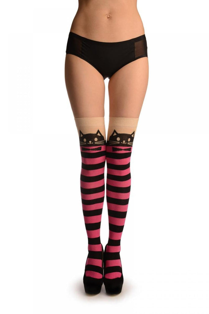 liss kiss Cat On Beige With Pink & Black Stripes - Over The Knee Socks