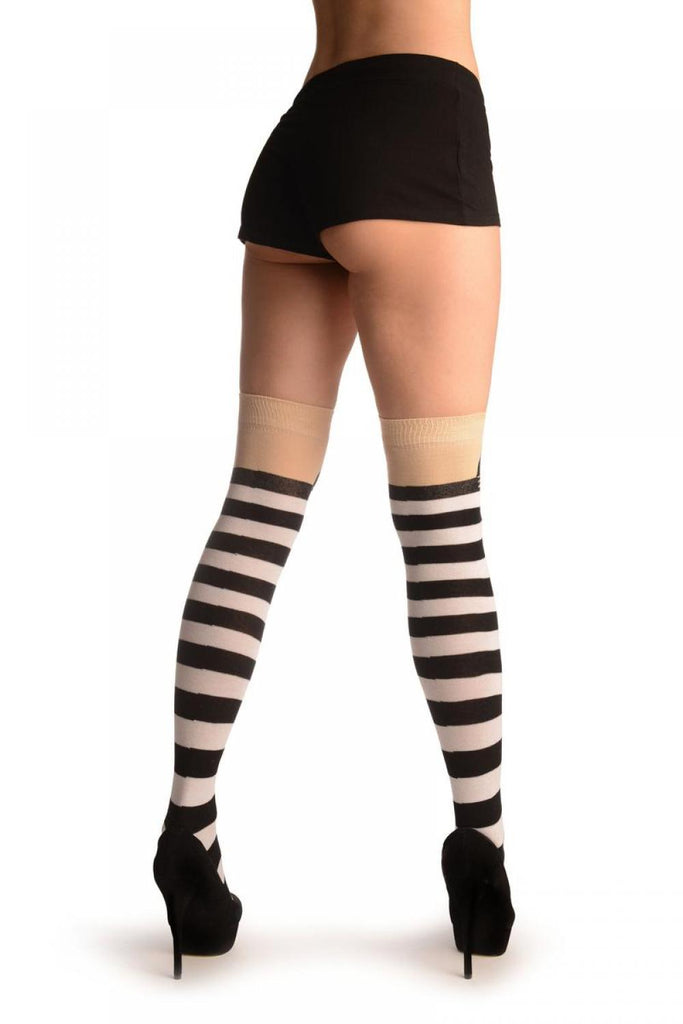 Liss Kiss Cat On Beige With White & Black Stripes - Over The Knee Socks