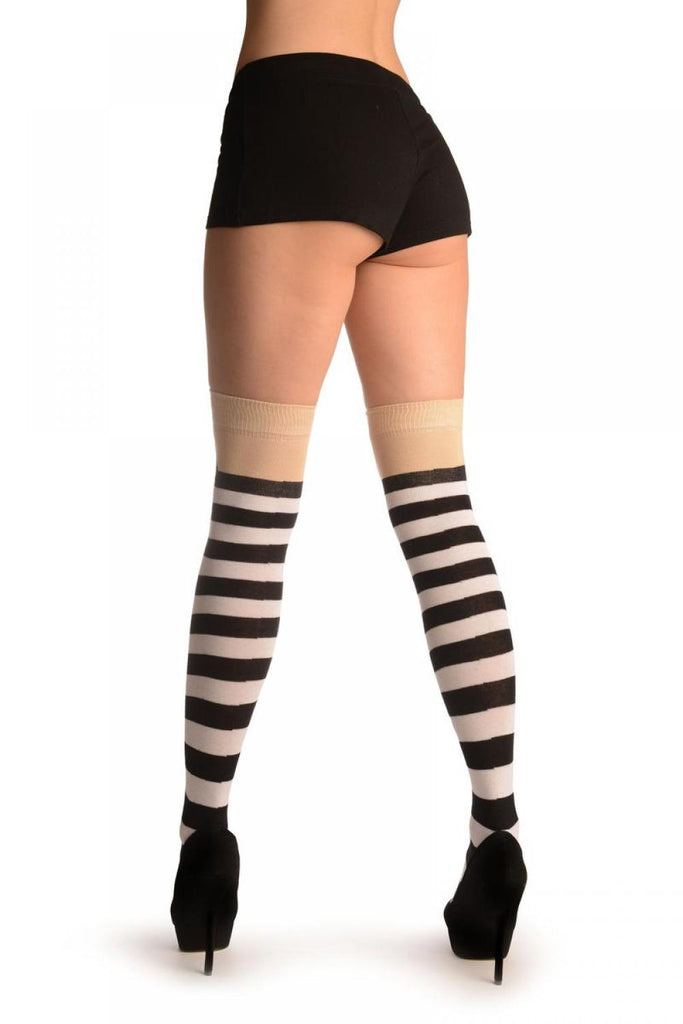 Liss Kiss Cat On Beige With White & Black Stripes - Over The Knee Socks