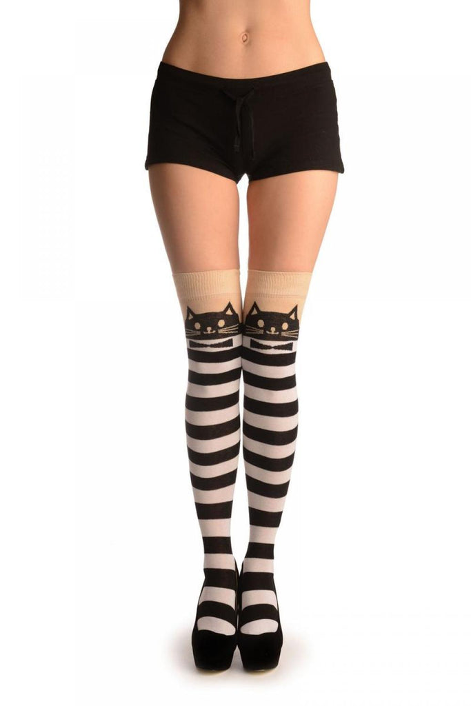 liss kiss Cat On Beige With White & Black Stripes - Over The Knee Socks