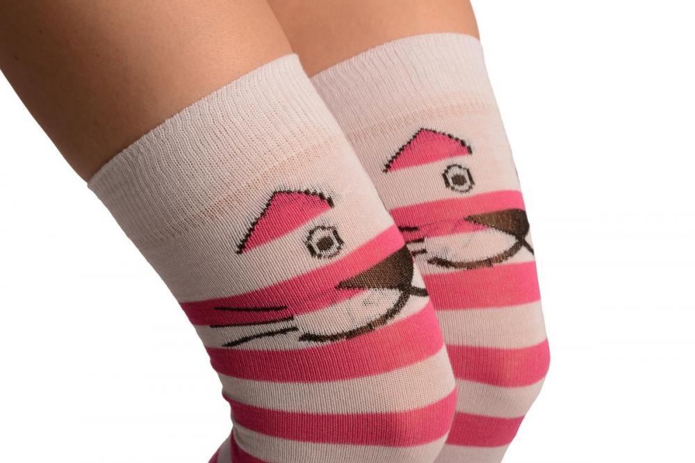 Liss Kiss Cat On White With Pink & White Stripes - Over The Knee Socks