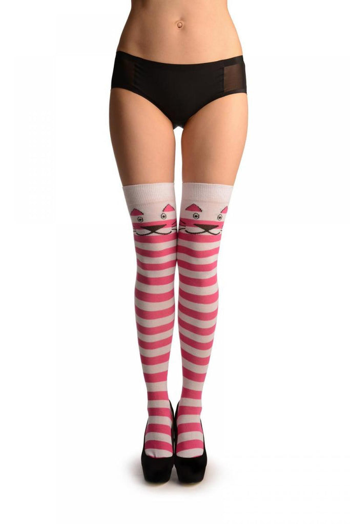Liss Kiss Cat On White With Pink & White Stripes - Over The Knee Socks