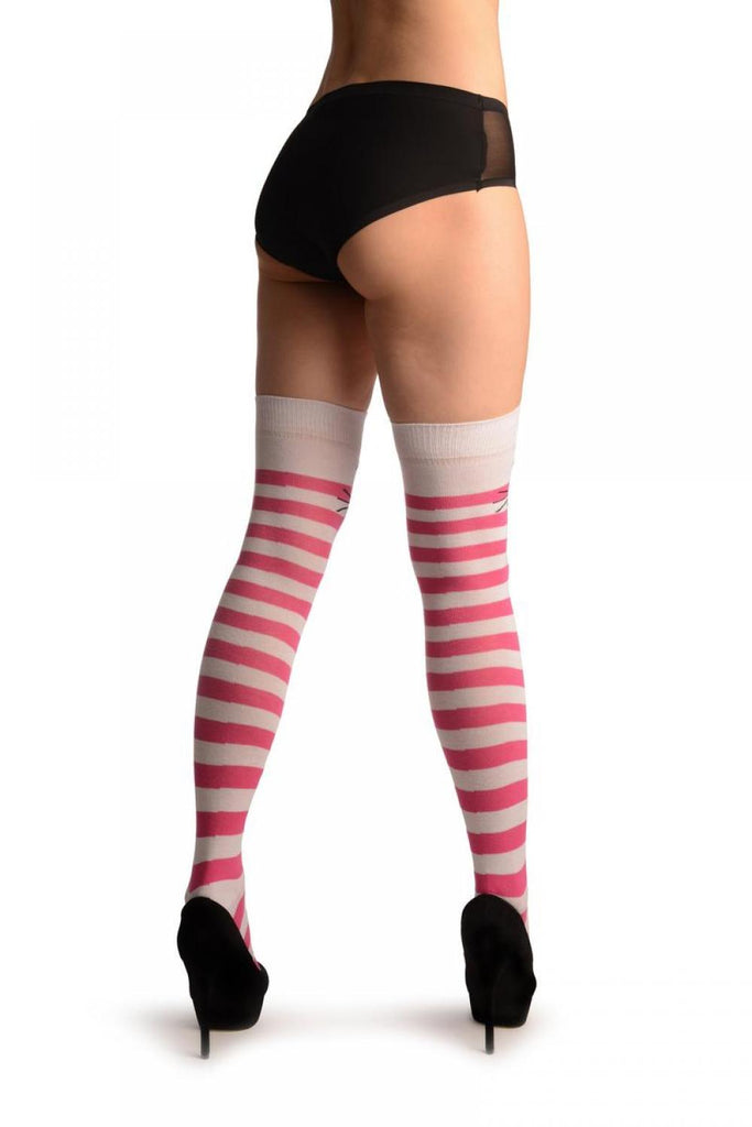 Liss Kiss Cat On White With Pink & White Stripes - Over The Knee Socks