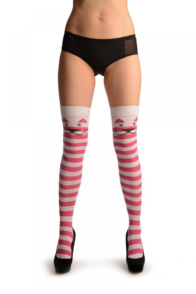 liss kiss Cat On White With Pink & White Stripes - Over The Knee Socks