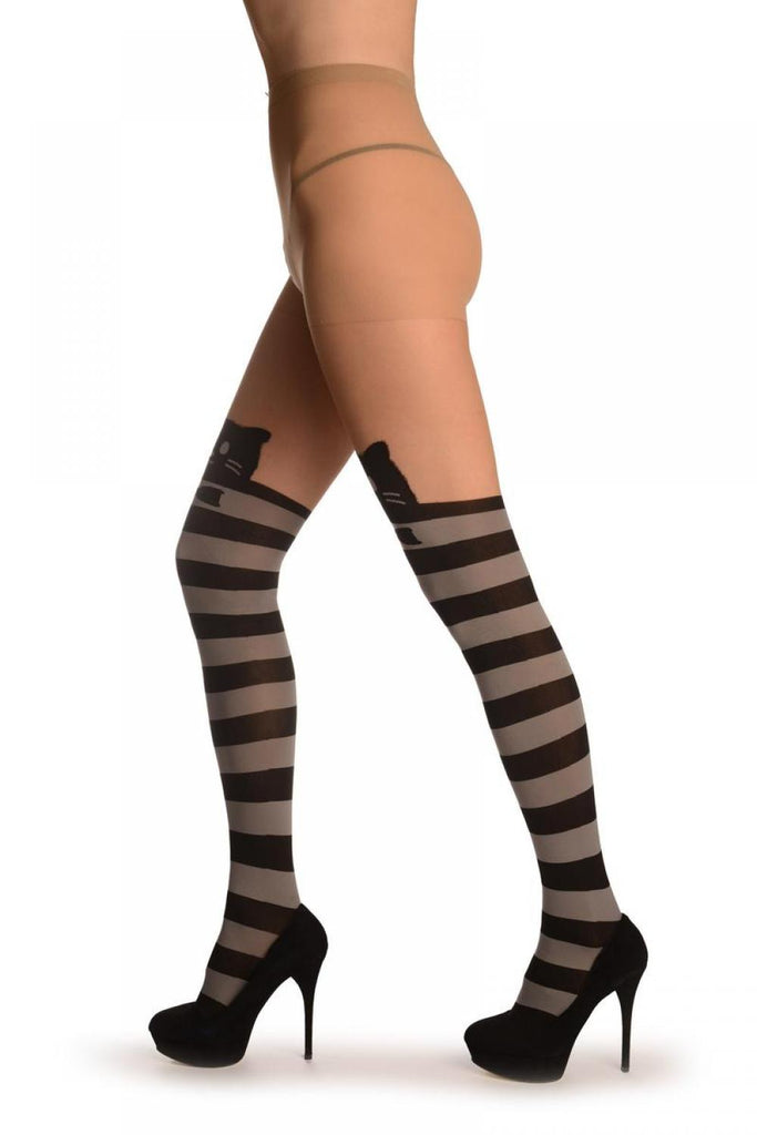 Liss Kiss Cat With Bow On Beige With Grey & Black Stripes - Tights
