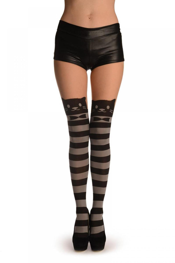 liss kiss Cat With Bow On Beige With Grey & Black Stripes - Tights