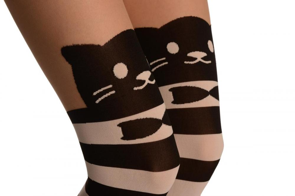 Liss Kiss Cat With Bow On Beige With White & Black Stripes - Tights
