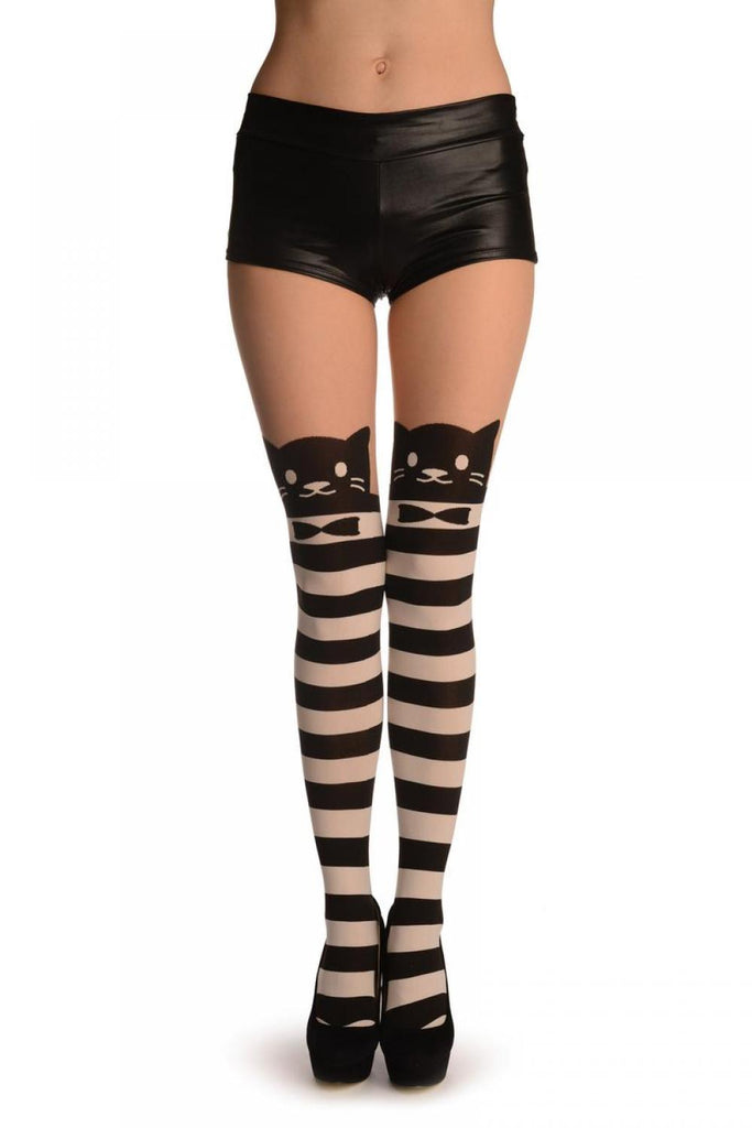 liss kiss Cat With Bow On Beige With White & Black Stripes - Tights
