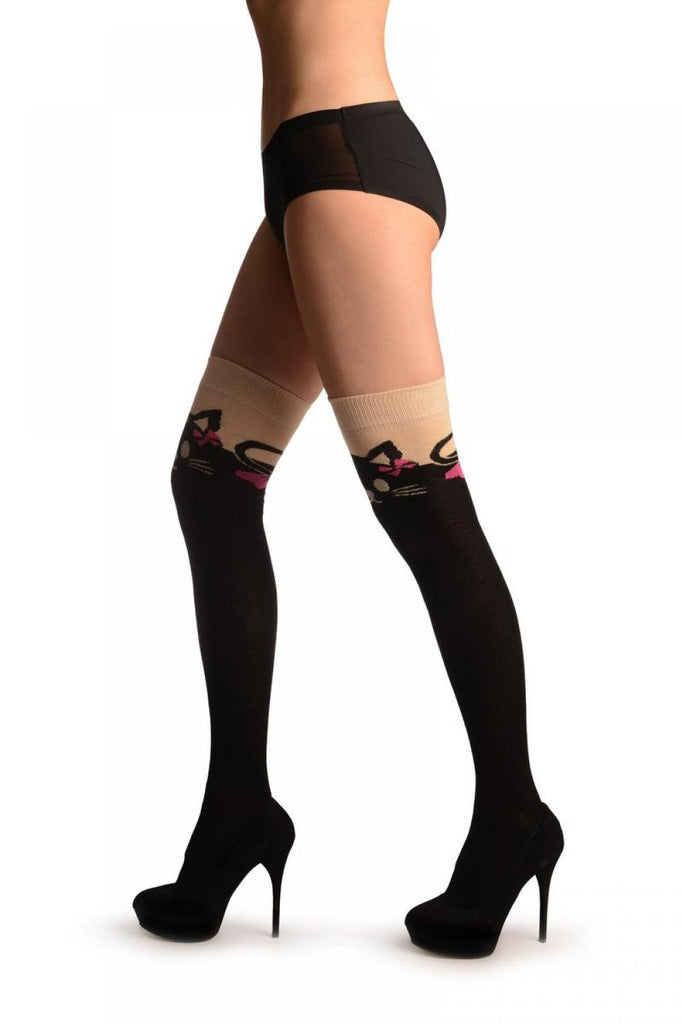 Liss Kiss Cat With Pink Bows On Beige & Black - Over The Knee Socks