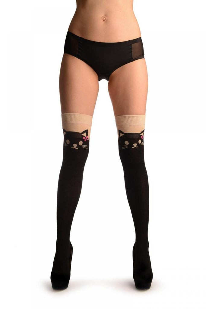 liss kiss Cat With Pink Bows On Beige & Black - Over The Knee Socks