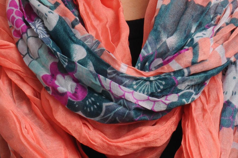 Liss Kiss Cerulean & Purple Flowers On Coral Pink Snood Scarf - Snood