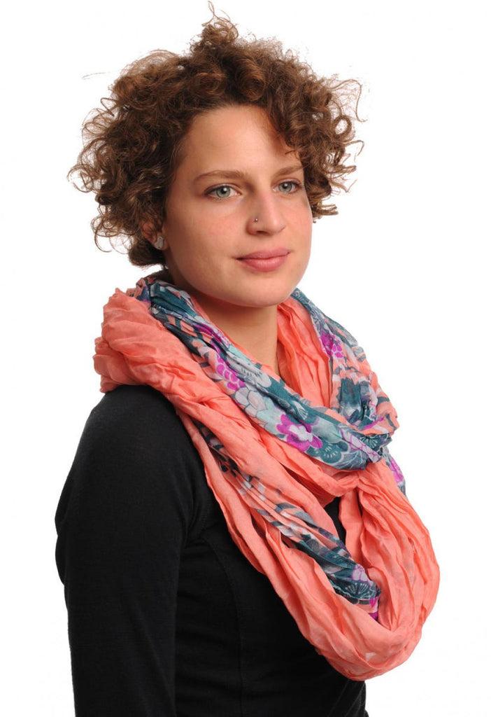 Liss Kiss Cerulean & Purple Flowers On Coral Pink Snood Scarf - Snood