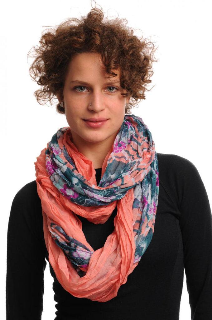 liss kiss Cerulean & Purple Flowers on Coral Pink Snood Scarf - Snood