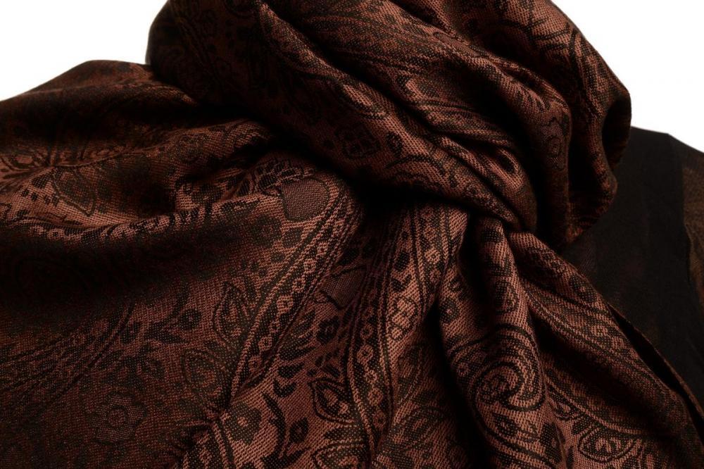 Liss Kiss Chocolate Brown & Black Paisleys Pashmina Feel With Tassels - Scarf