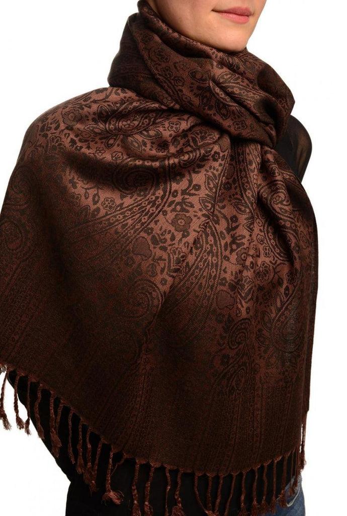 Liss Kiss Chocolate Brown & Black Paisleys Pashmina Feel With Tassels - Scarf