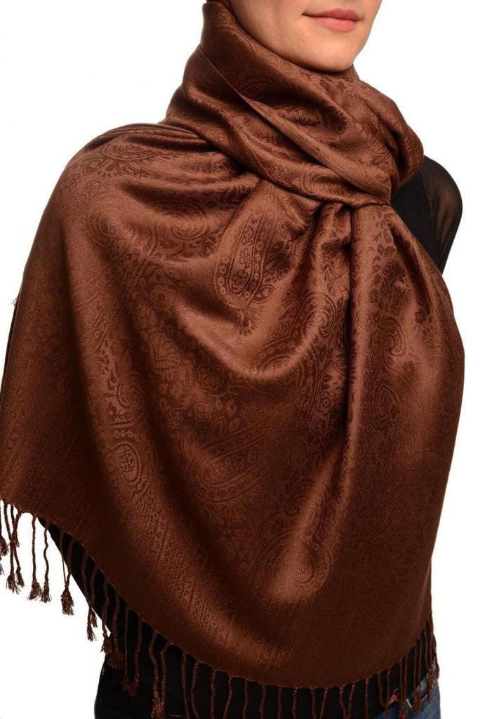 Liss Kiss Chocolate Brown Paisleys Pashmina Feel With Tassels - Scarf