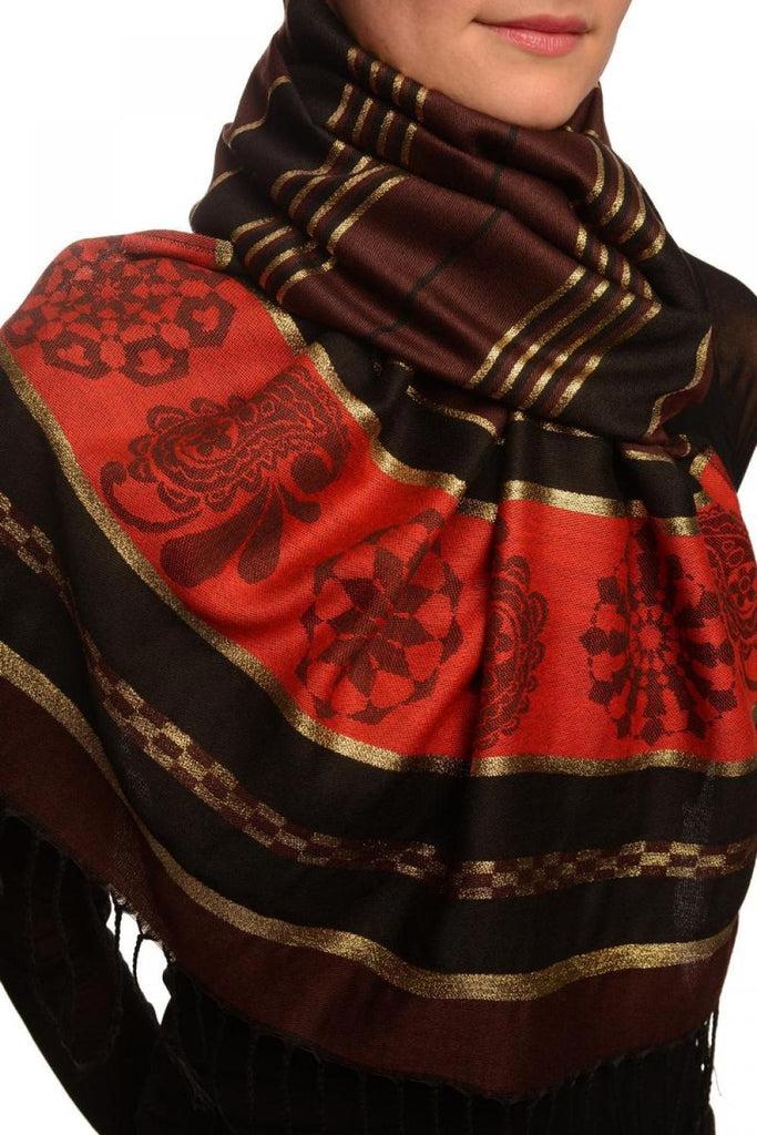 Liss Kiss Chocolate Brown Stripes & Gold Lurex Pashmina With Tassels - Scarf
