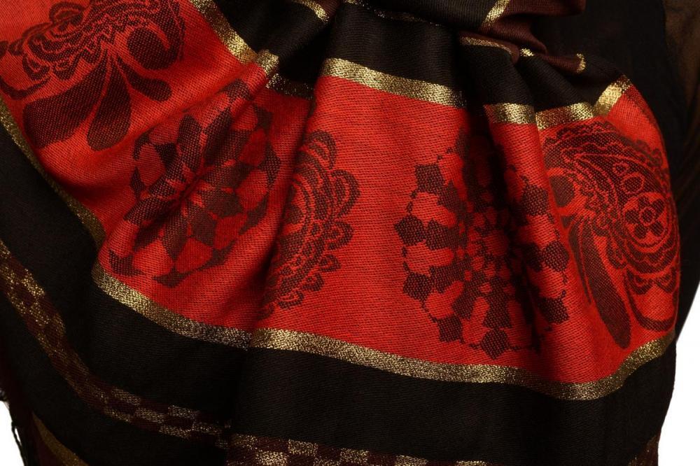 Liss Kiss Chocolate Brown Stripes & Gold Lurex Pashmina With Tassels - Scarf