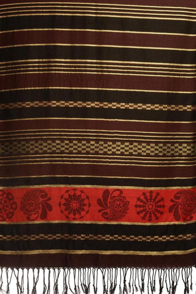 Liss Kiss Chocolate Brown Stripes & Gold Lurex Pashmina With Tassels - Scarf