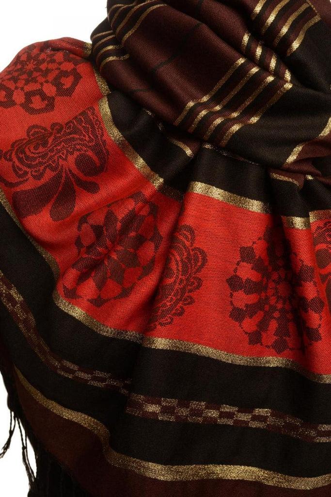 Liss Kiss Chocolate Brown Stripes & Gold Lurex Pashmina With Tassels - Scarf
