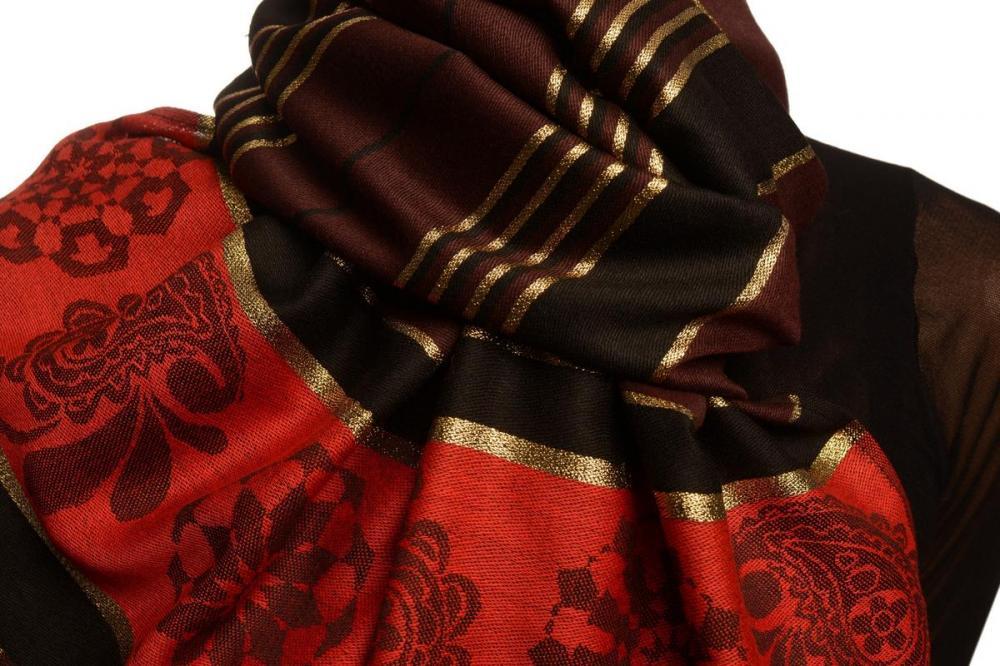 Liss Kiss Chocolate Brown Stripes & Gold Lurex Pashmina With Tassels - Scarf