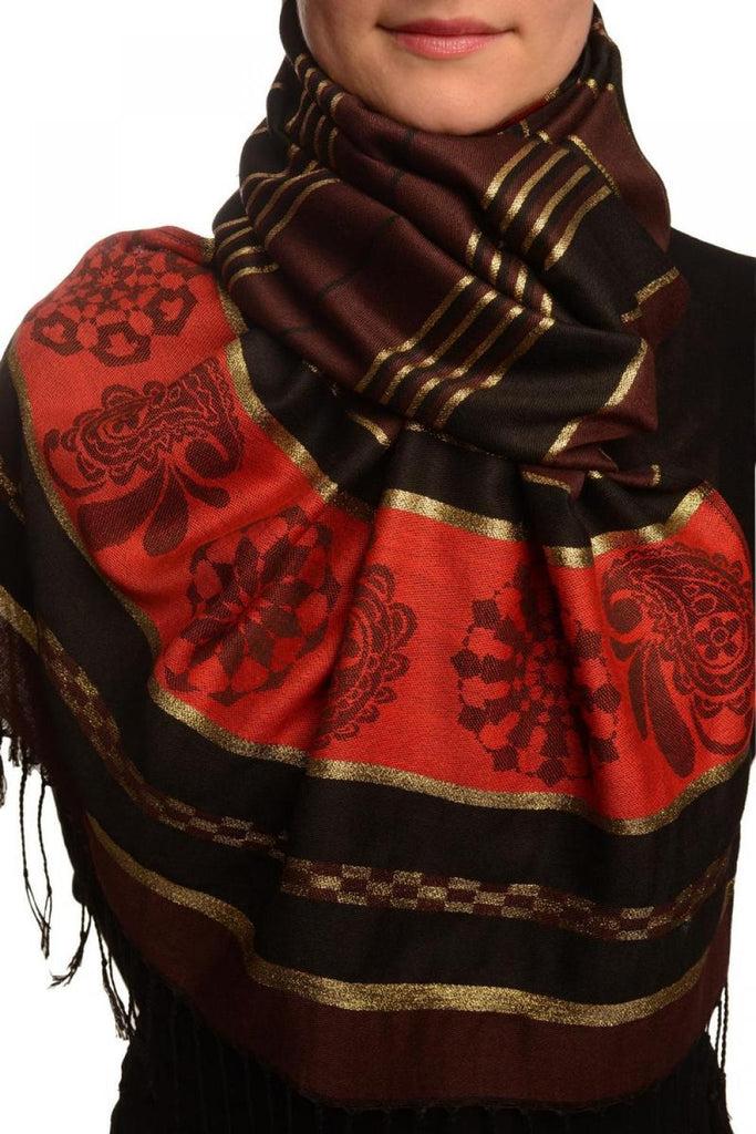 Liss Kiss Chocolate Brown Stripes & Gold Lurex Pashmina With Tassels - Scarf