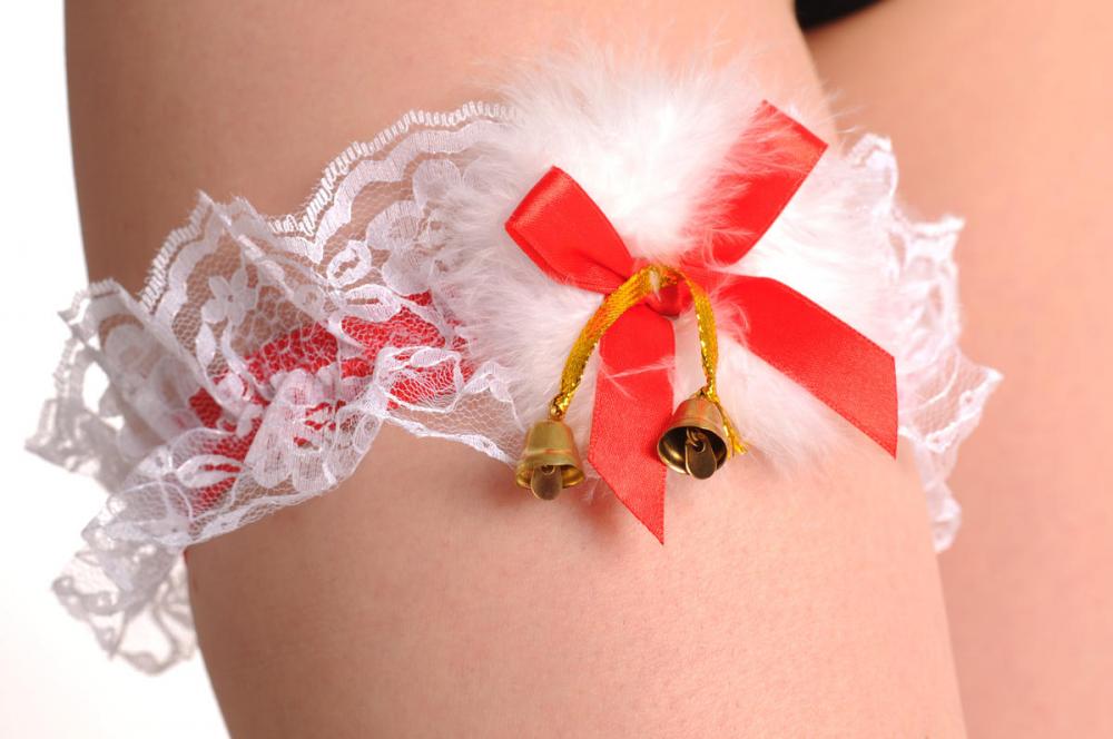 liss kiss Christmas White Garter With Red Bow Gold Bells & Feathers - Garter