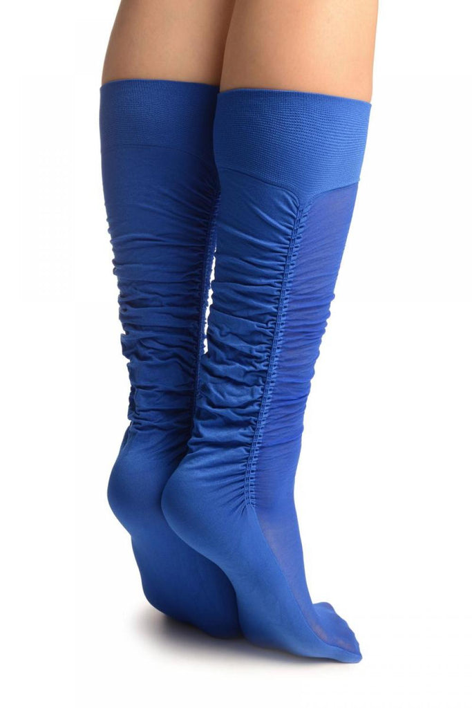 Liss Kiss Cobalt Blue Sheer & Opaque Sides Socks Knee High - Socks
