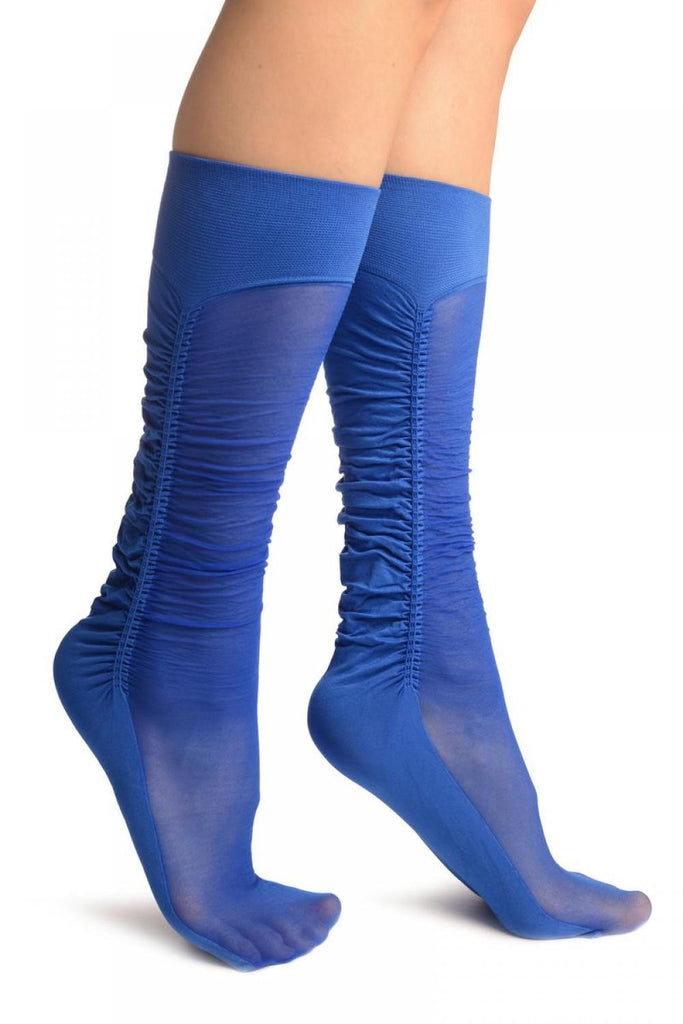 liss kiss Cobalt Blue Sheer & Opaque Sides Socks Knee High - Socks